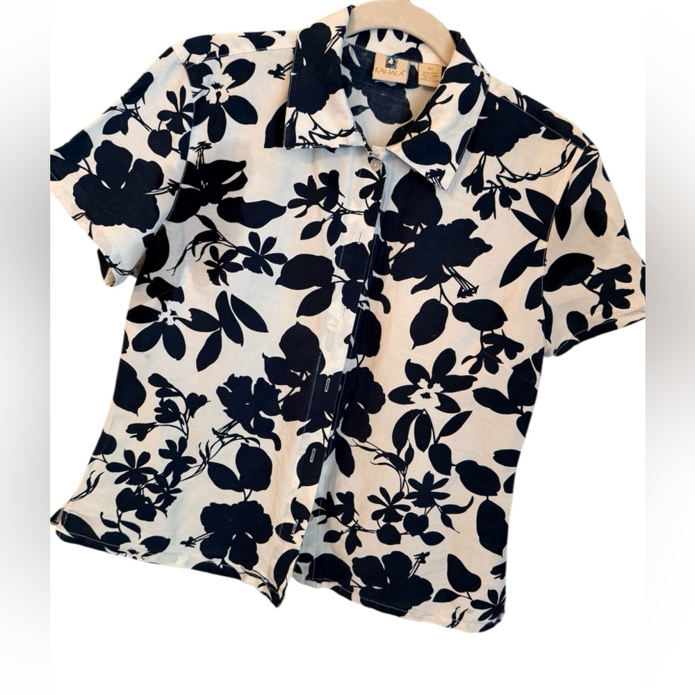 Kahala Silk Linen Hawaiian Floral Button Shirt Navy White XS